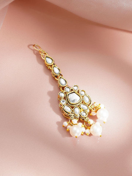 Women Gold Plated Kundan Pearls Beaded Cluster Maang Tika and Earrings VitansEthnics