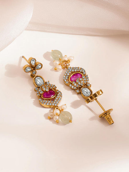 Women Gold Plated Multicolor Kundan CZ Cascade Beaded Necklace Set VitansEthnics