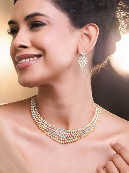 Women Gold-Plated Layered Cubic Zirconia Necklace and Earrings VitansEthnics