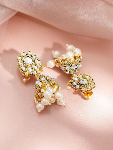Women Gold Plated Kundan Pearls Beaded Cluster Maang Tika and Earrings VitansEthnics