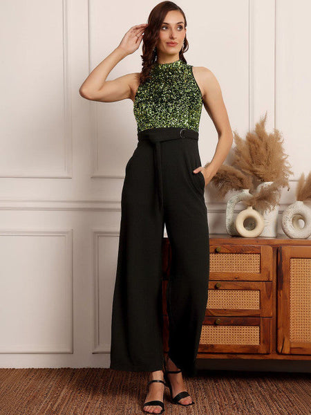 Women Black & Green Halter Neck Sleeveless Embellished Regular-Length Jumpsuit VitansEthnics