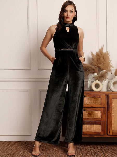 Women Black Choker Neck Sleeveless Solid Pleated Regular Jumpsuit VitansEthnics