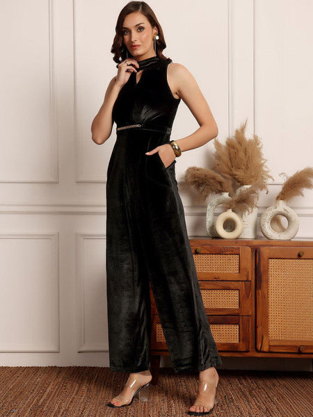 Women Black Choker Neck Sleeveless Solid Pleated Regular Jumpsuit VitansEthnics