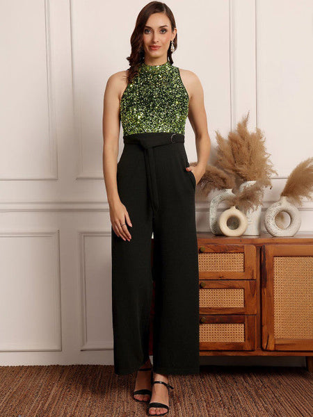 Women Black & Green Halter Neck Sleeveless Embellished Regular-Length Jumpsuit VitansEthnics