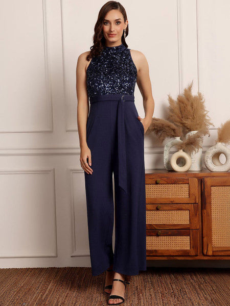 Women Navy Blue Halter Neck Sleeveless Embellished Regular-Length Jumpsuit VitansEthnics