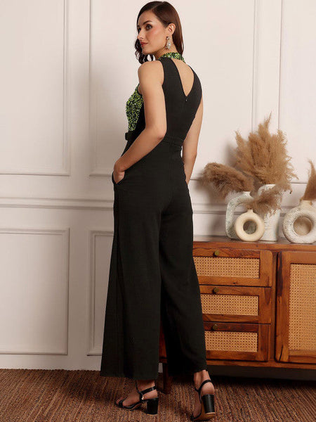 Women Black & Green Halter Neck Sleeveless Embellished Regular-Length Jumpsuit VitansEthnics