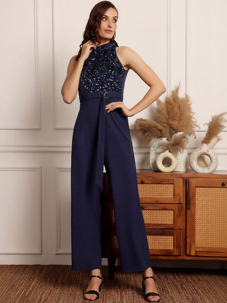 Women Navy Blue Halter Neck Sleeveless Embellished Regular-Length Jumpsuit VitansEthnics