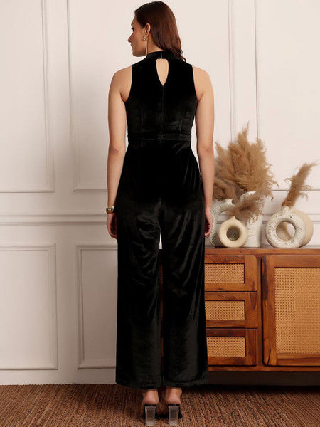 Women Black Choker Neck Sleeveless Solid Pleated Regular Jumpsuit VitansEthnics
