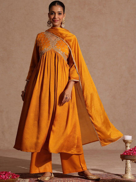 Mustard Silk Blend Zari Yoke Embroidered A-line Kurta Set VitansEthnics