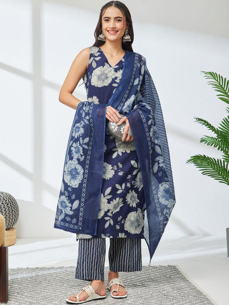 Women Floral Printed Regular Pure Cotton Kurta with Trousers & With Dupatta VitansEthnics