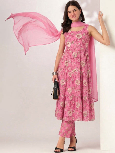 Women Floral Printed Tiered Pure Cotton Kurta with Trousers & With Dupatta VitansEthnics