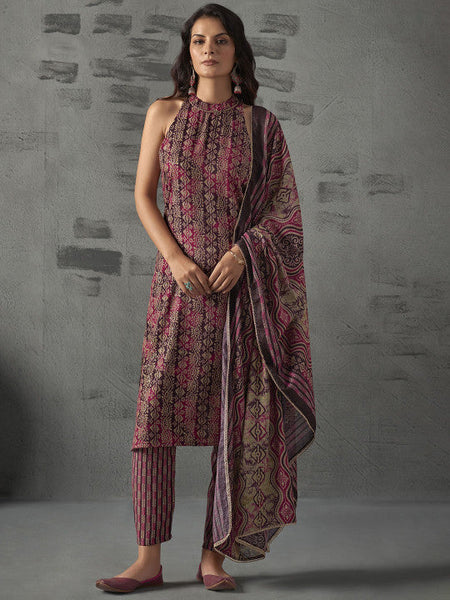 Women Magenta Floral Printed Halter Neck Straight Kurta with Trousers & Dupatta Set VitansEthnics