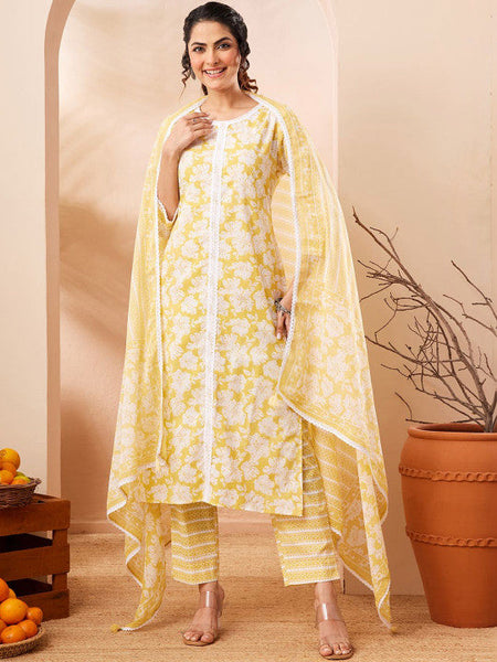 Women Yellow Pure Cotton Floral Printed Straight Kurta Set VitansEthnics
