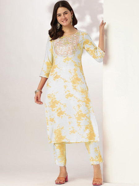 Women's Yellow Silk Blend Tie & Dye Yoke Embroidered Straight Kurta Pant Set VitansEthnics