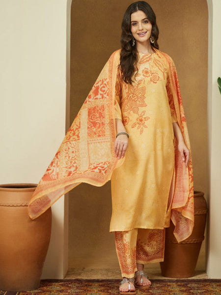 Women Yellow Cotton Blend Floral Printed Straight Kurta Set VitansEthnics