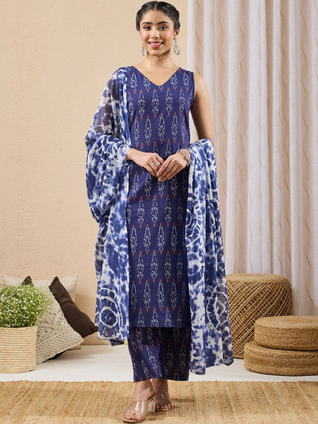 Women Printed Regular Pure Cotton Kurta with Trousers & With Dupatta VitansEthnics