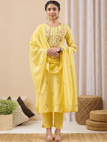 Women Yellow Floral Regular Gotta Patti Kurta with Trousers VitansEthnics