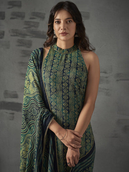 Women Floral Printed Halter Neck Straight Kurta with Trousers & Dupatta Set VitansEthnics
