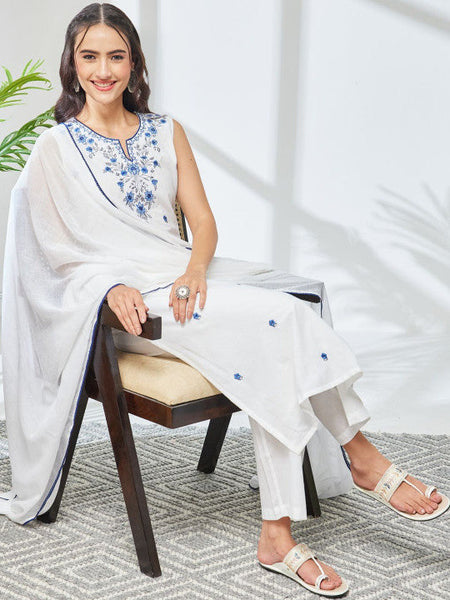 Women Ethnic Motifs Embroidered Regular Sequinned Pure Cotton Kurta with Trousers & With Dupatta VitansEthnics