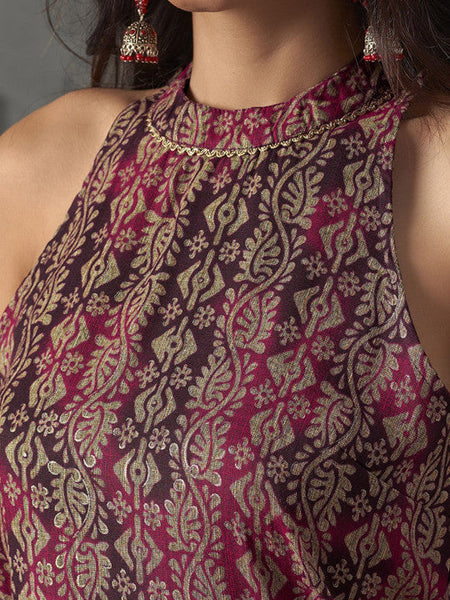 Women Magenta Floral Printed Halter Neck Straight Kurta with Trousers & Dupatta Set VitansEthnics