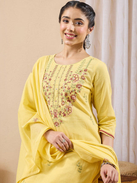 Women Yellow Floral Regular Gotta Patti Kurta with Trousers VitansEthnics