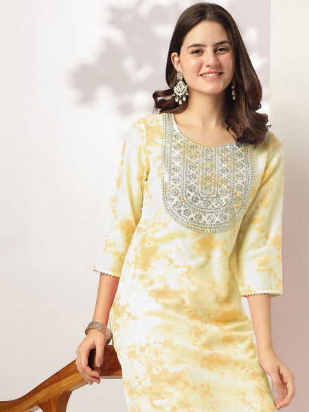 Women's Yellow Silk Blend Tie & Dye Yoke Embroidered Straight Kurta Pant Set VitansEthnics