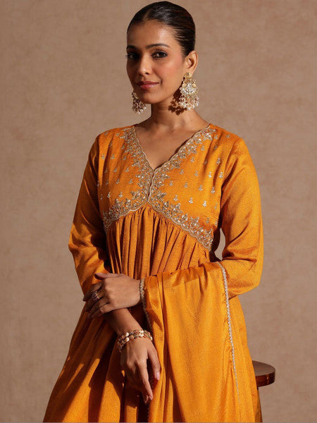 Mustard Silk Blend Zari Yoke Embroidered A-line Kurta Set VitansEthnics