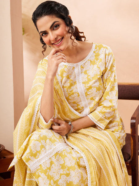 Women Yellow Pure Cotton Floral Printed Straight Kurta Set VitansEthnics