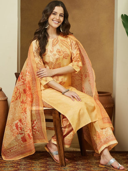 Women Yellow Cotton Blend Floral Printed Straight Kurta Set VitansEthnics