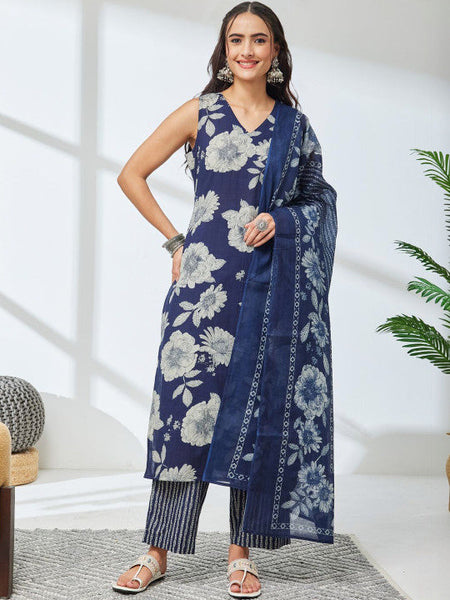 Women Floral Printed Regular Pure Cotton Kurta with Trousers & With Dupatta VitansEthnics
