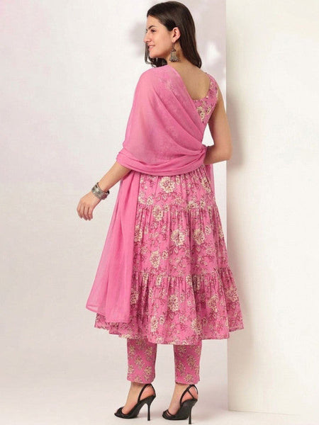 Women Floral Printed Tiered Pure Cotton Kurta with Trousers & With Dupatta VitansEthnics