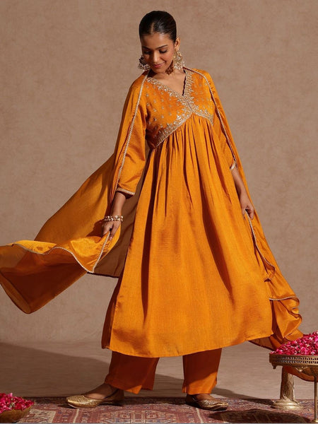 Mustard Silk Blend Zari Yoke Embroidered A-line Kurta Set VitansEthnics