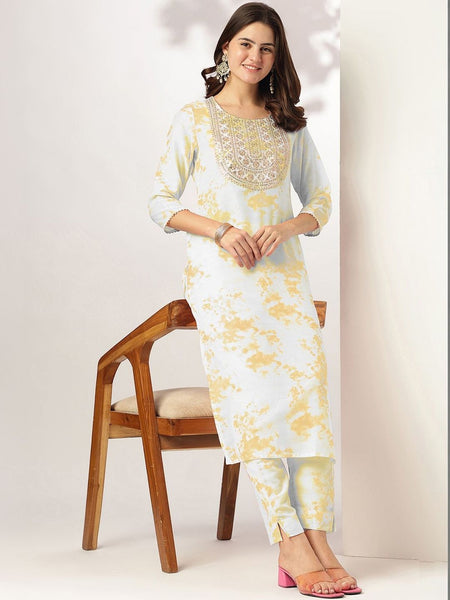 Women's Yellow Silk Blend Tie & Dye Yoke Embroidered Straight Kurta Pant Set VitansEthnics