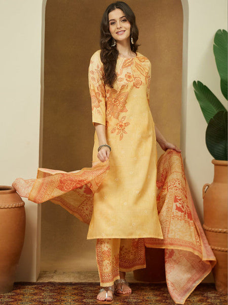 Women Yellow Cotton Blend Floral Printed Straight Kurta Set VitansEthnics