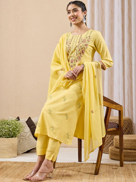 Women Yellow Floral Regular Gotta Patti Kurta with Trousers VitansEthnics