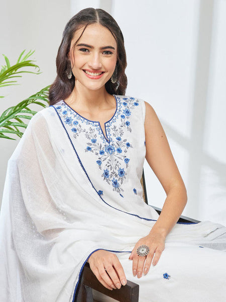 Women Ethnic Motifs Embroidered Regular Sequinned Pure Cotton Kurta with Trousers & With Dupatta VitansEthnics