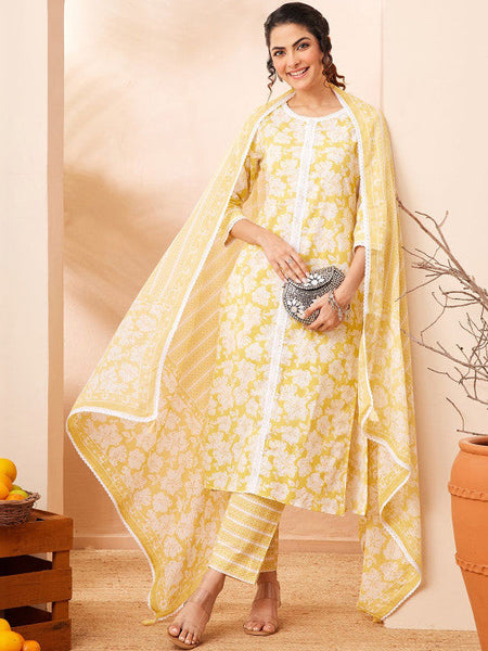 Women Yellow Pure Cotton Floral Printed Straight Kurta Set VitansEthnics