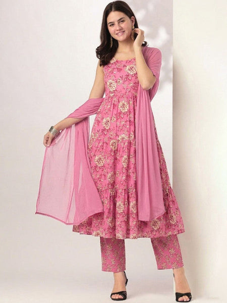 Women Floral Printed Tiered Pure Cotton Kurta with Trousers & With Dupatta VitansEthnics