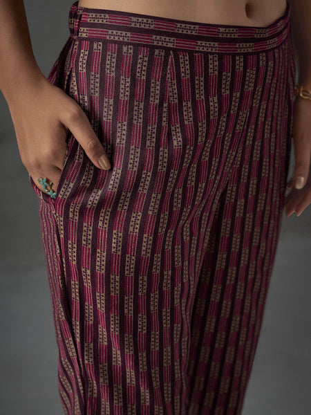 Women Magenta Floral Printed Halter Neck Straight Kurta with Trousers & Dupatta Set VitansEthnics