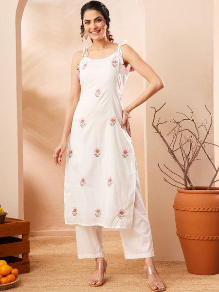 Women Floral Embroidered Regular Pure Cotton Kurta with Trousers VitansEthnics