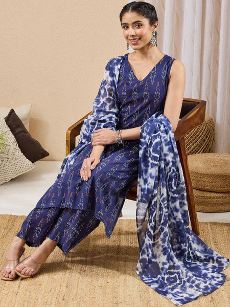Women Printed Regular Pure Cotton Kurta with Trousers & With Dupatta VitansEthnics