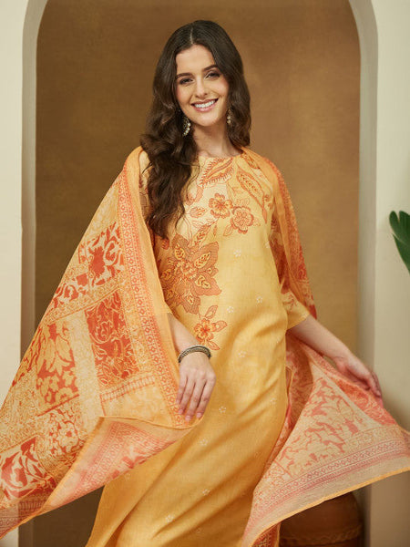 Women Yellow Cotton Blend Floral Printed Straight Kurta Set VitansEthnics