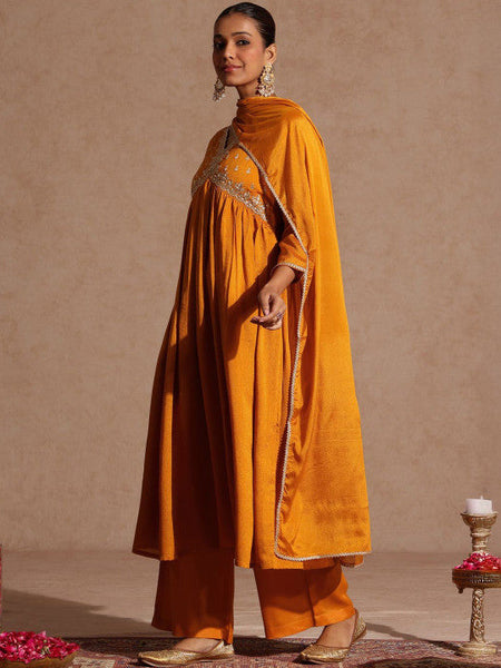 Mustard Silk Blend Zari Yoke Embroidered A-line Kurta Set VitansEthnics