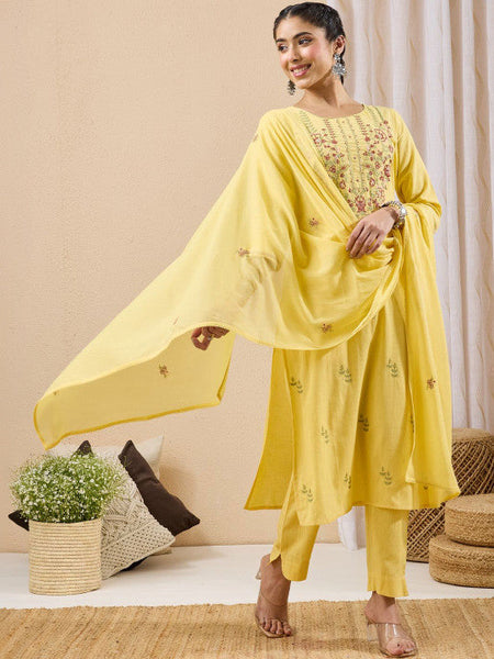 Women Yellow Floral Regular Gotta Patti Kurta with Trousers VitansEthnics