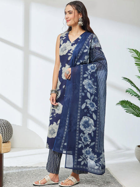 Women Floral Printed Regular Pure Cotton Kurta with Trousers & With Dupatta VitansEthnics