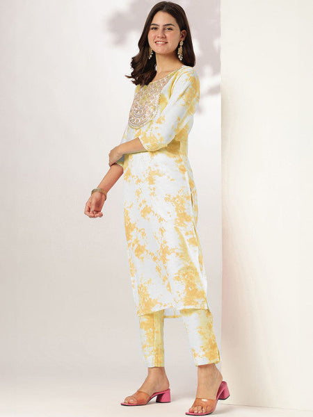 Women's Yellow Silk Blend Tie & Dye Yoke Embroidered Straight Kurta Pant Set VitansEthnics