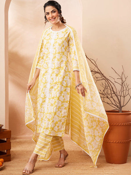 Women Yellow Pure Cotton Floral Printed Straight Kurta Set VitansEthnics