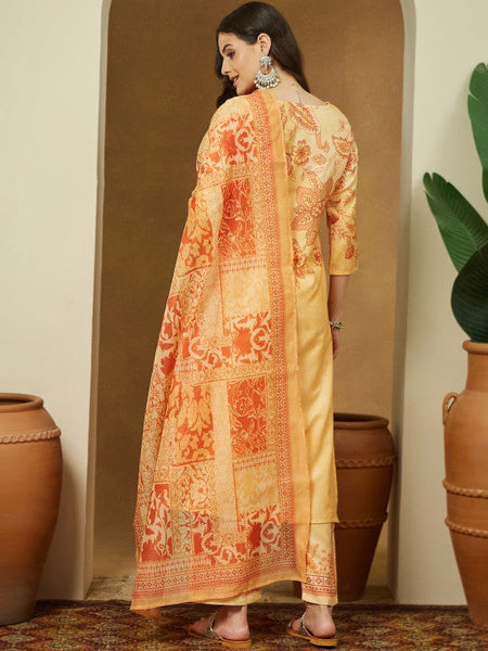Women Yellow Cotton Blend Floral Printed Straight Kurta Set VitansEthnics