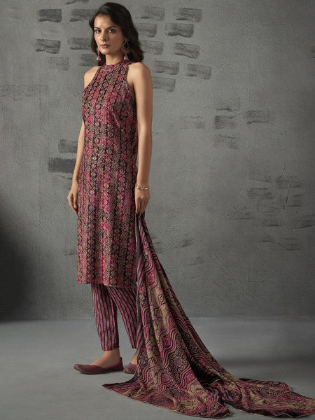 Women Magenta Floral Printed Halter Neck Straight Kurta with Trousers & Dupatta Set VitansEthnics