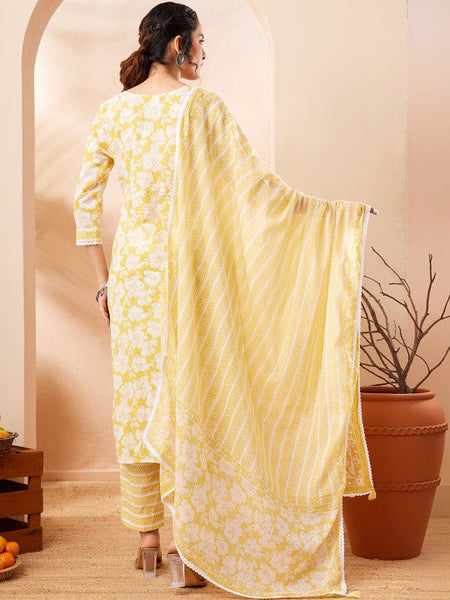 Women Yellow Pure Cotton Floral Printed Straight Kurta Set VitansEthnics